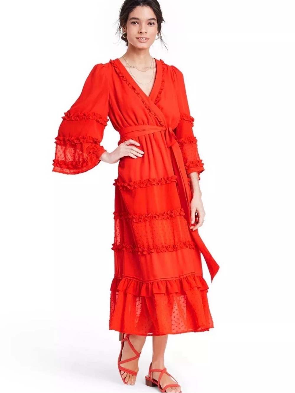 Alexis for Target Angel Sleeve Tiered Ruffle Wrap Midi Dress Size Small